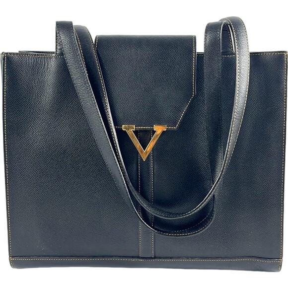 Valentino Garavani Logo Embellished Black Leather Tote - Picture 2 of 12